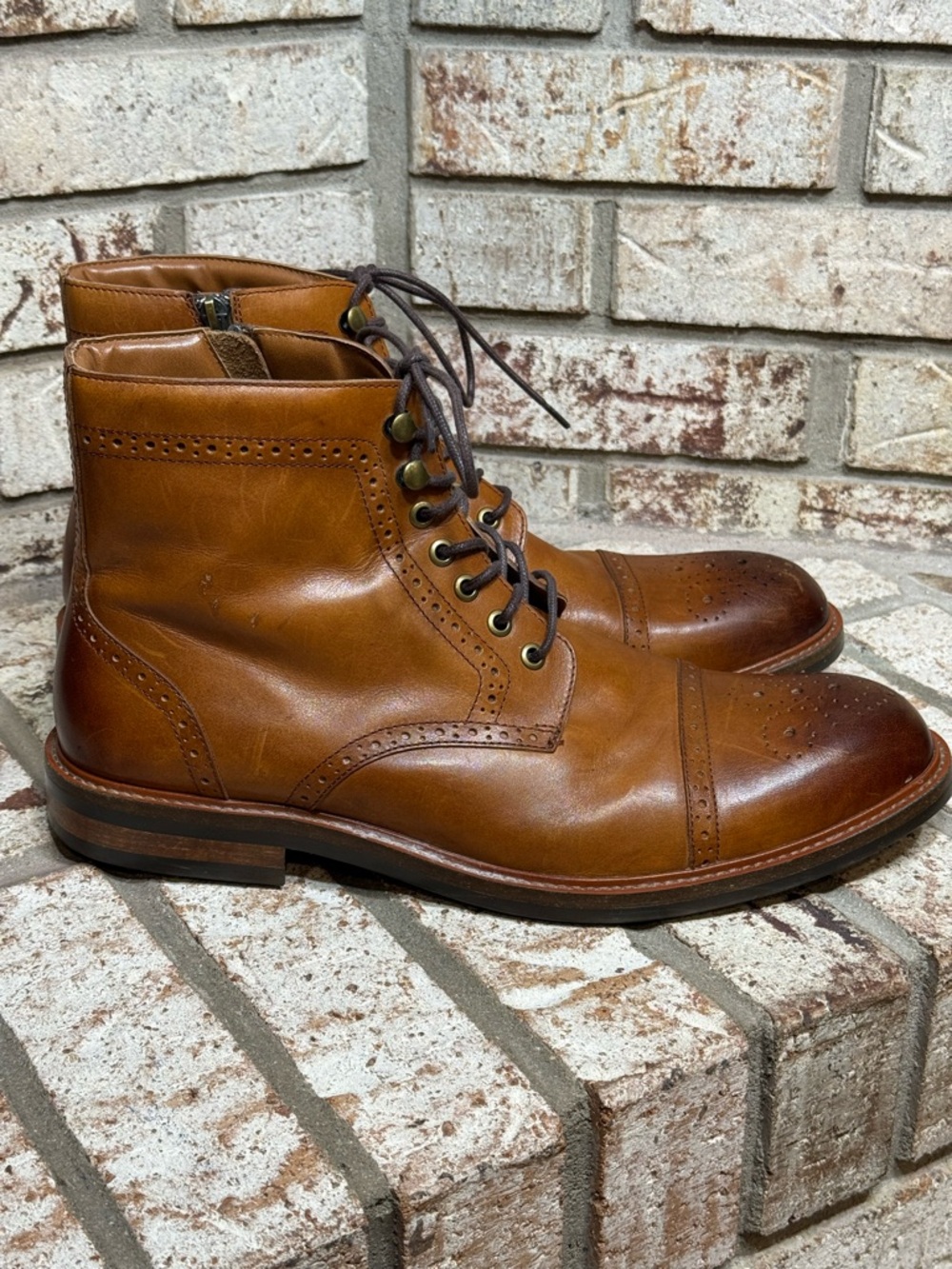 Nordstrom Men's Shop Grant Medallion Toe Side-Zip Brogue Brown Leather Boots
